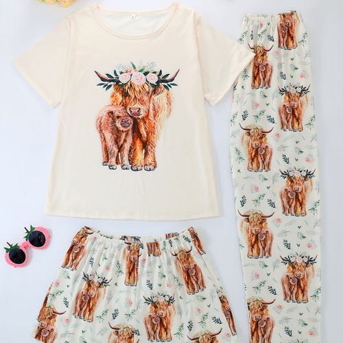 Cream cow print ladies pyjama - cream,