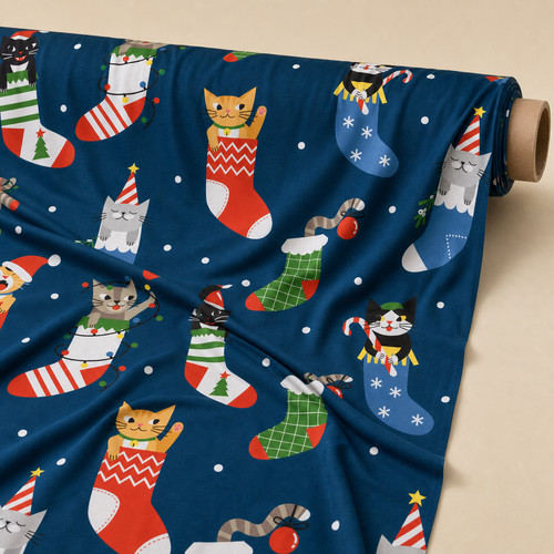 Christmas cat jersey fabric - christmas,